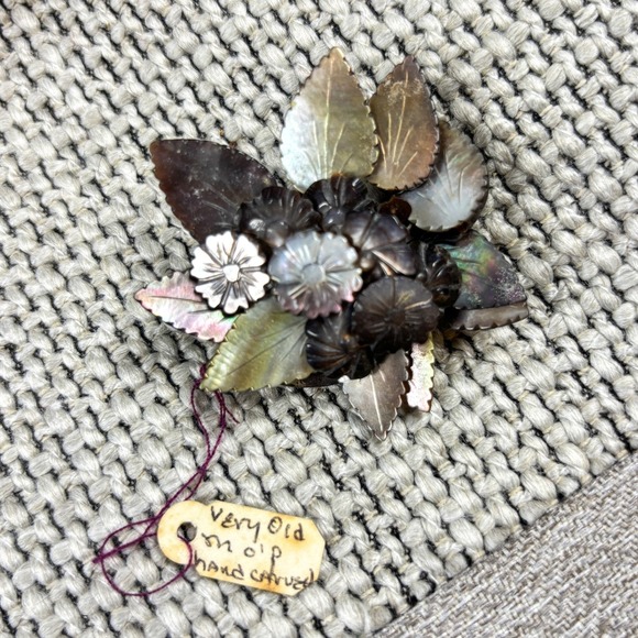 Unique Vintage Jewelry - Vintage 1930s Hand Carved Mother of Pearl Floral Brooch Shell Flower Bouquet Pin
